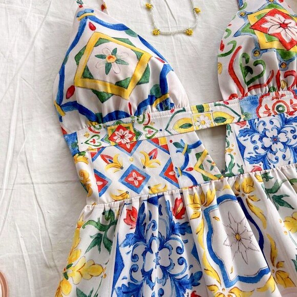 Multicolor Boho Women's Sicily Style Cutout Back Double Layered Short Dress - Picture 4 of 6